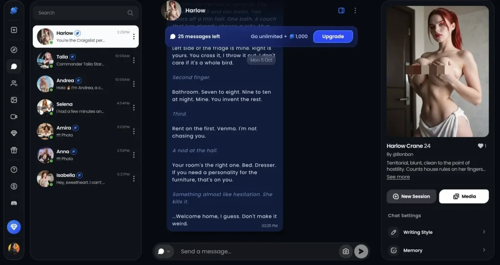 Bonbon.ai screenshot: Chat with a Scenes character, with the free-plan message counter
