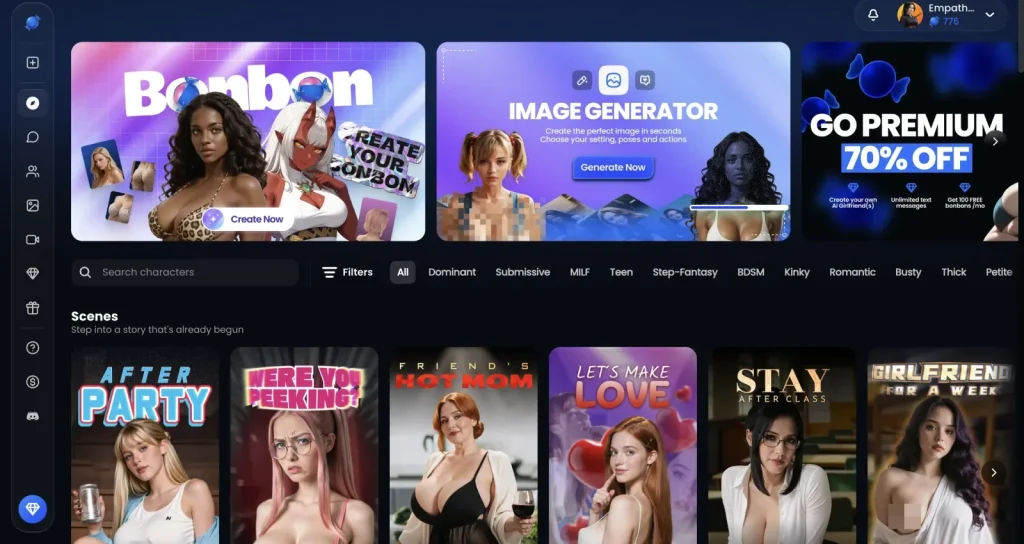 Bonbon.ai screenshot: Homepage with the new Scenes row above the character grid