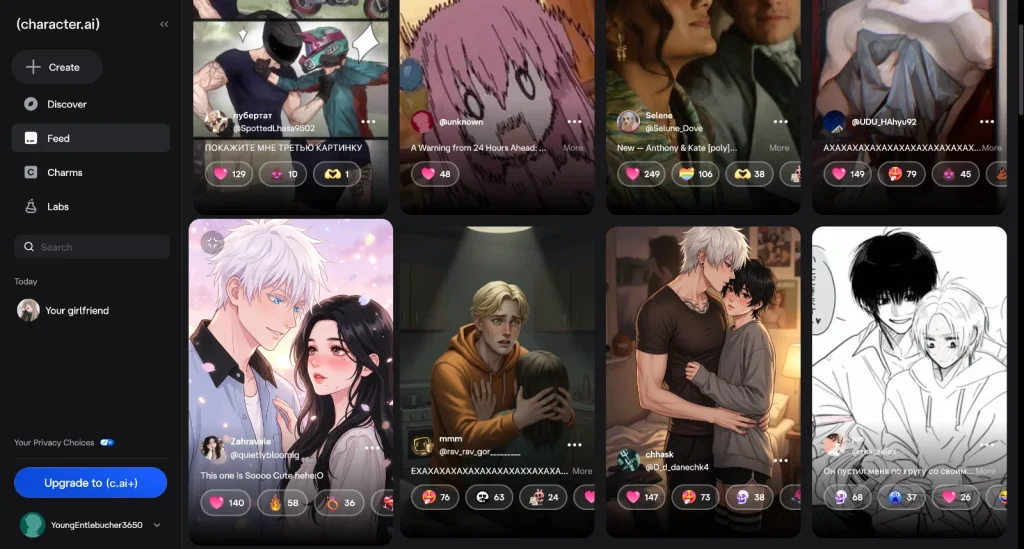 Character AI screenshot: Character library
