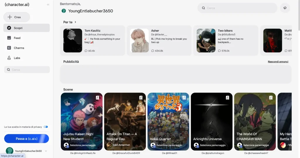 Character AI screenshot: Homepage