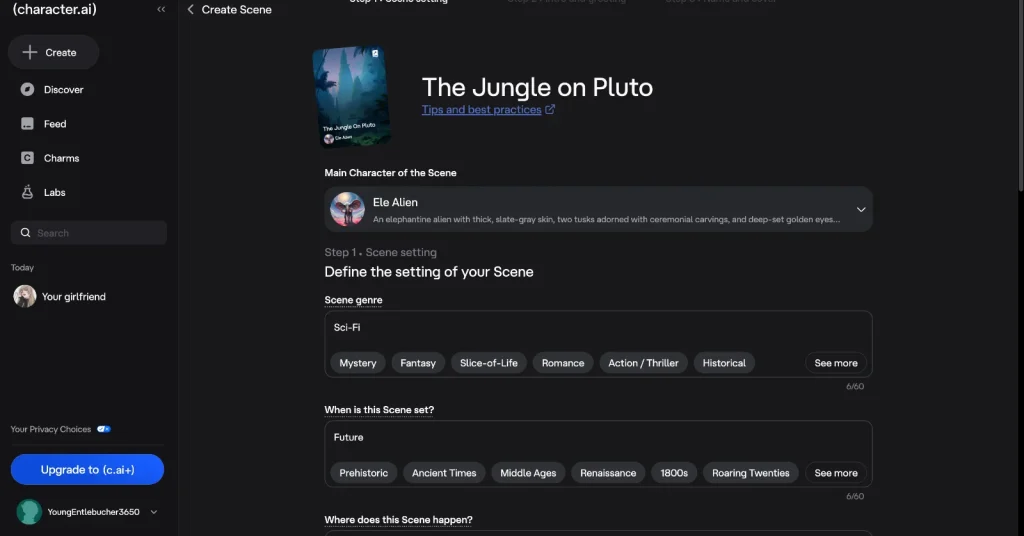 Character AI screenshot: Video generator