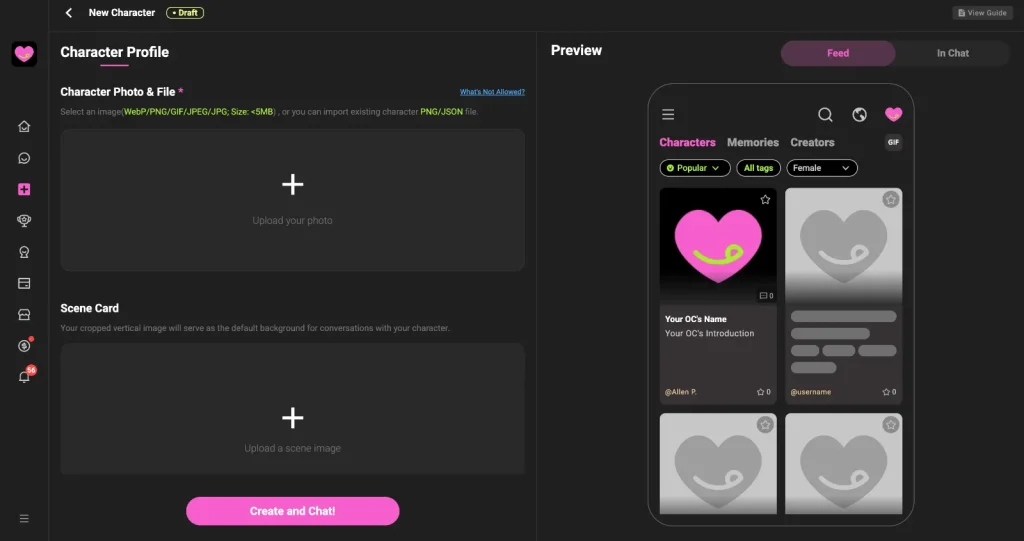 CrushOn AI screenshot: Character creator