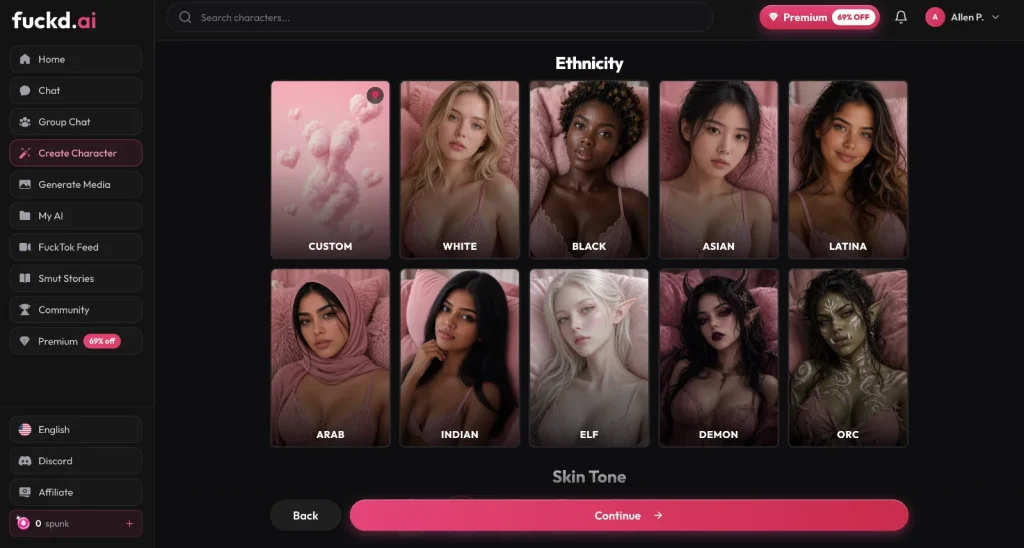 Fuckd.ai screenshot: Character creator