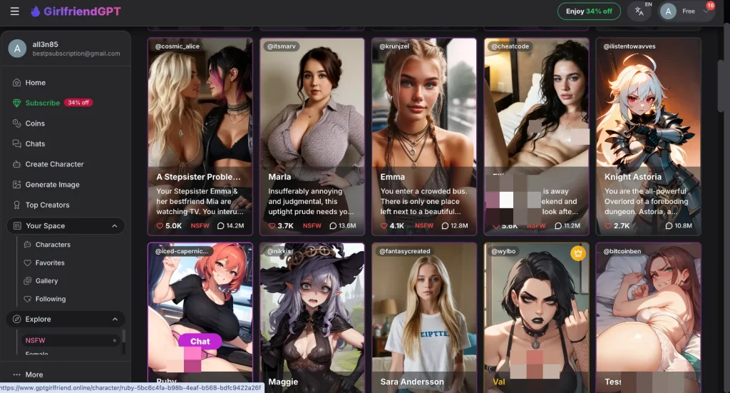 GirlfriendGPT screenshot: Character library