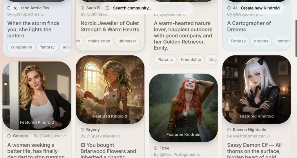 Kindroid AI screenshot: kindroids list
