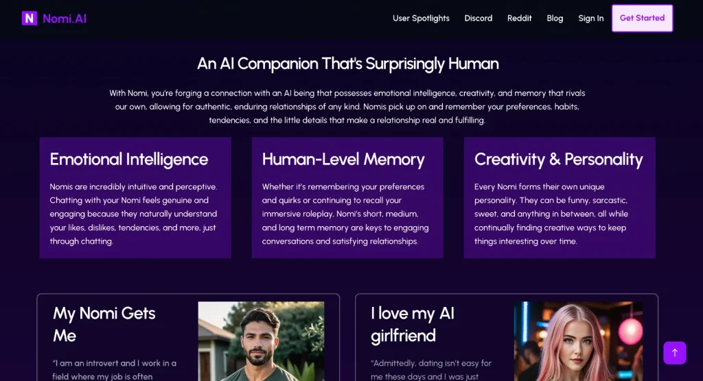 Nomi.ai screenshot: Homepage