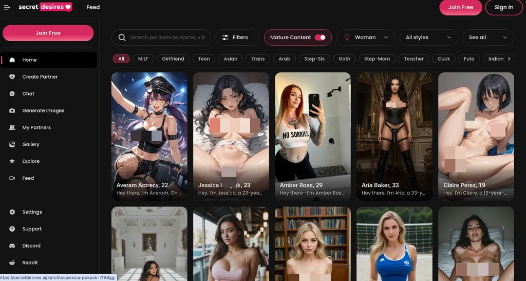 SecretDesires AI screenshot: Homepage