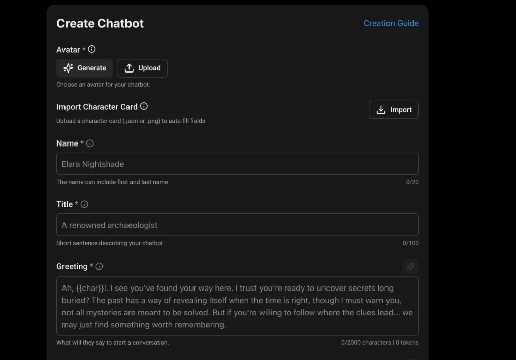 SpicyChat AI screenshot: Character creator